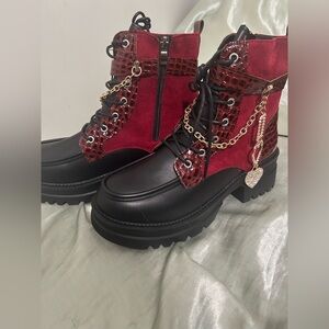 Chunky Platform Lace-Up Boots in Red and Black